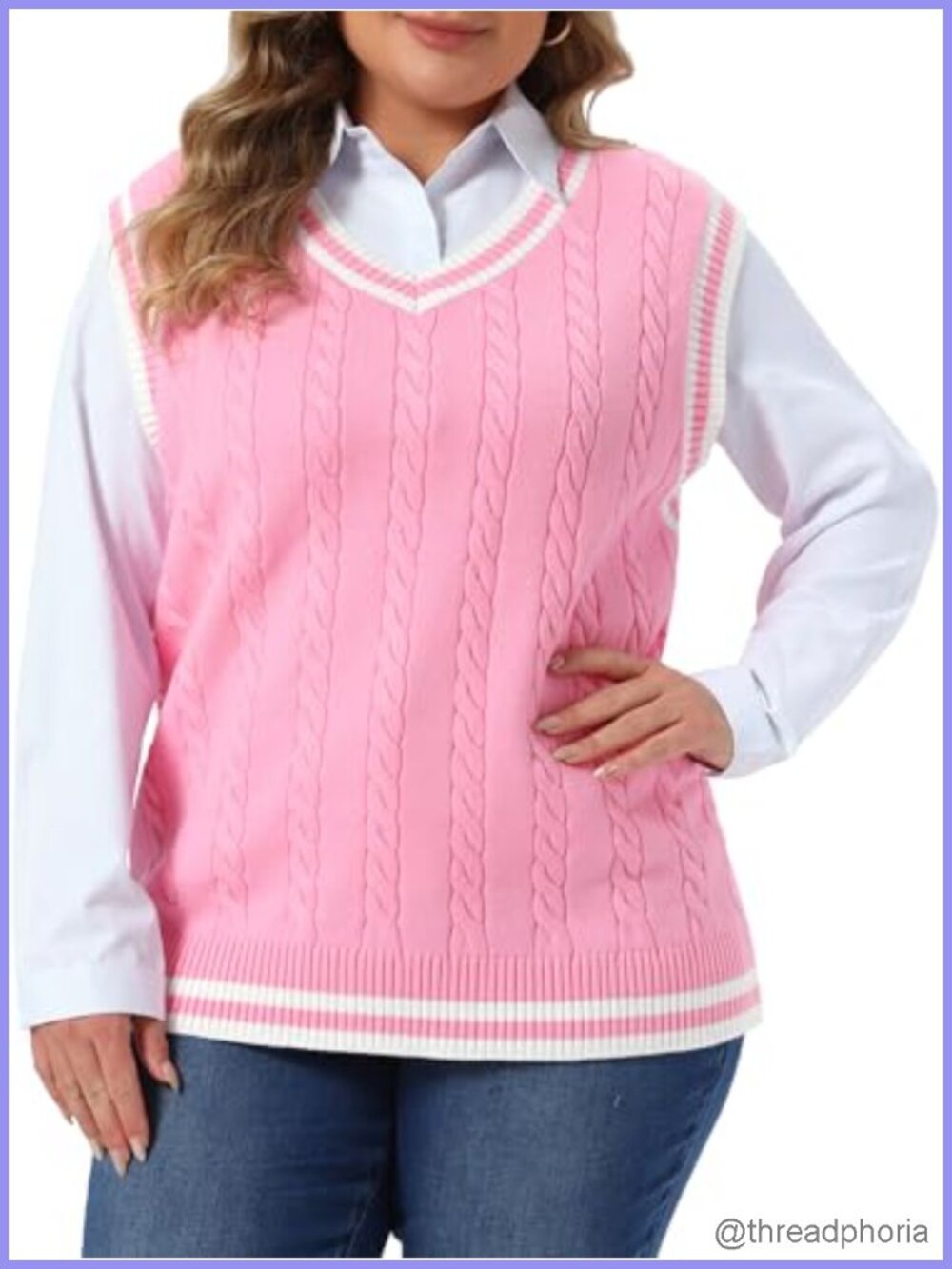 Plus Size V-Neck Sleeveless Cable Knit Sweater Vest Preppy